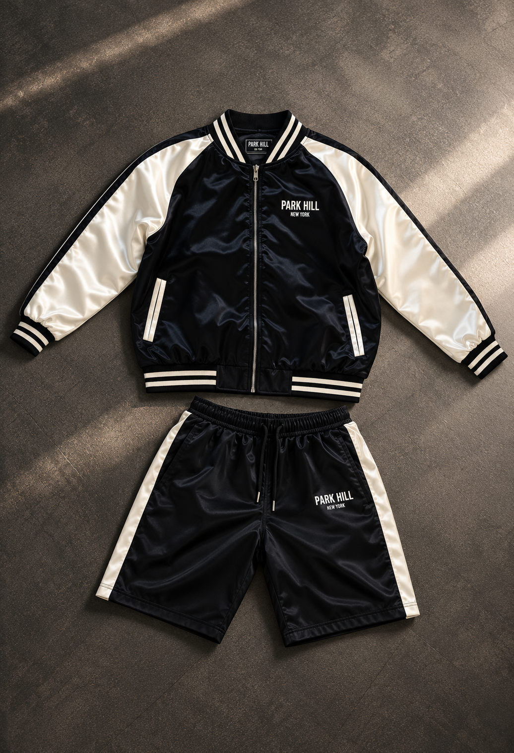 Satin Varsity Jacket and Short Set- Black