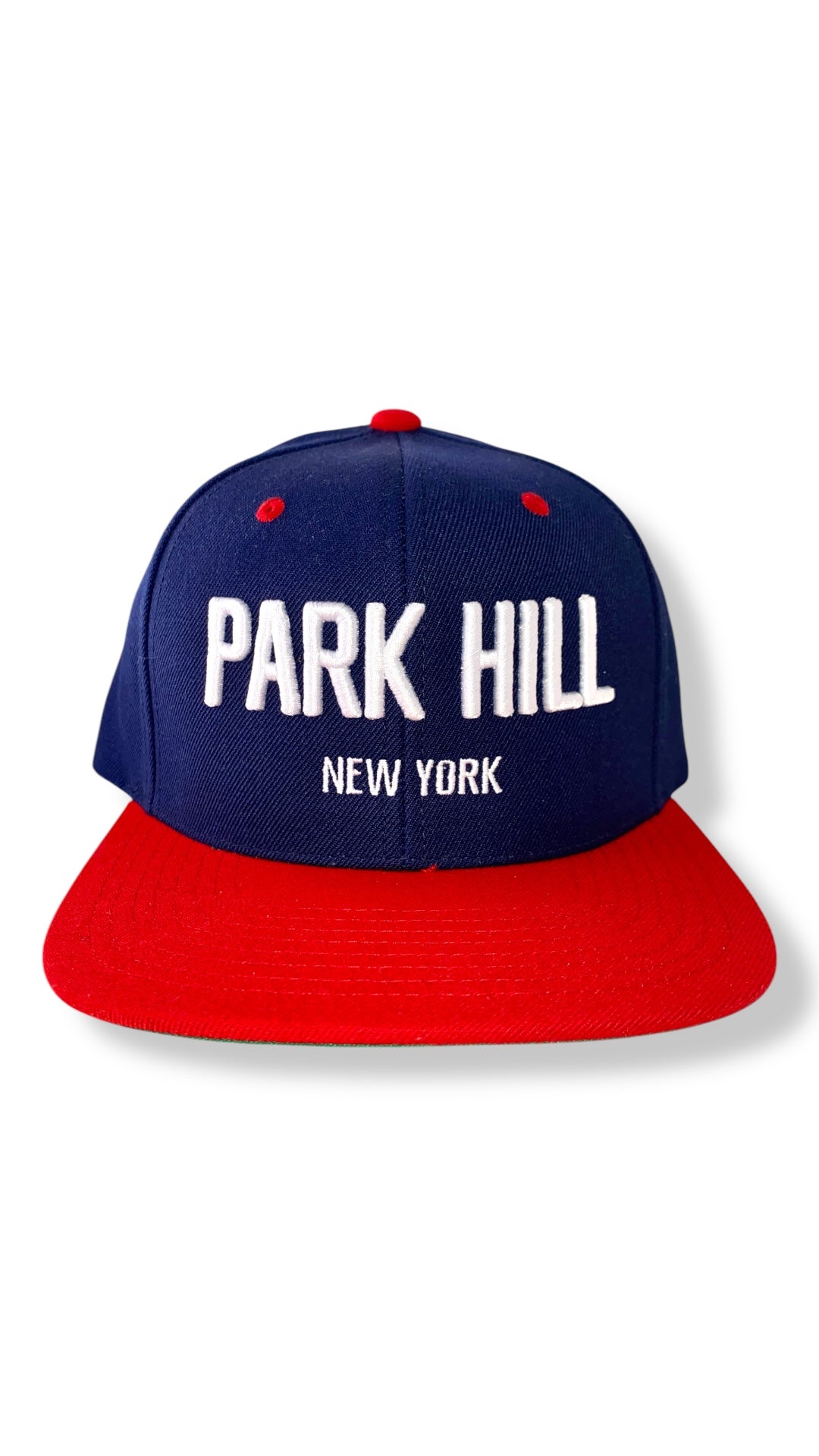 Navy Snapback with Red Bill and White Print