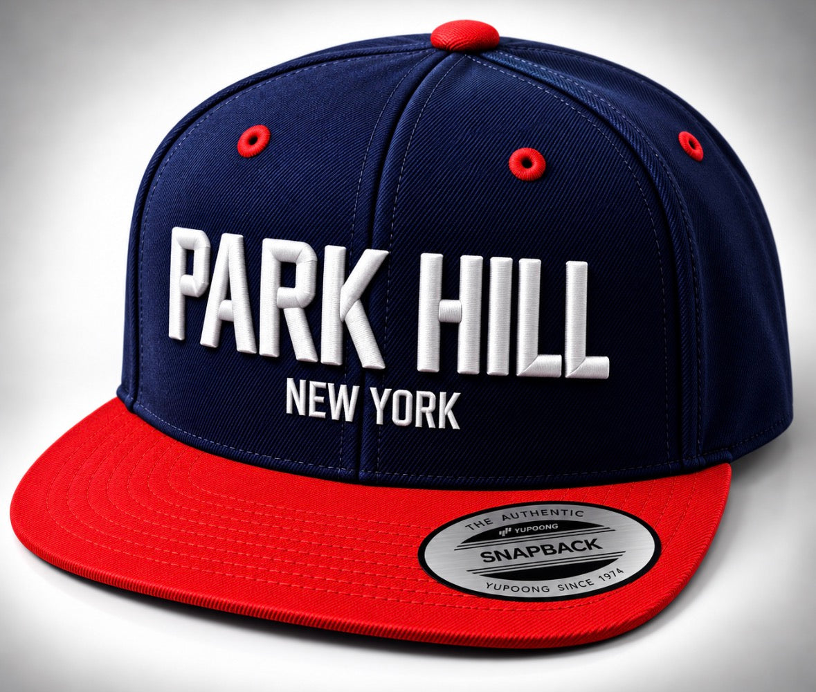 Navy Snapback with Red Bill and White Print
