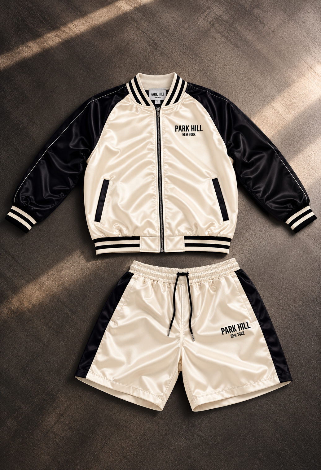 Satin Varsity Jacket and Short Set- Cream