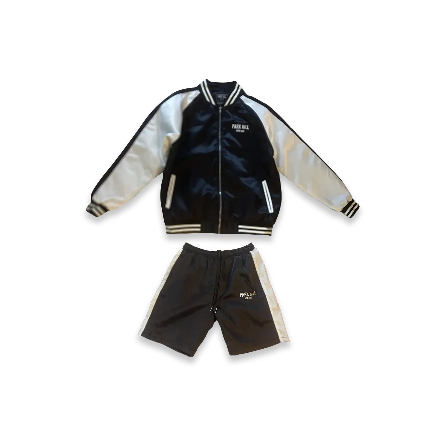 Satin Varsity Jacket and Short Set- Black