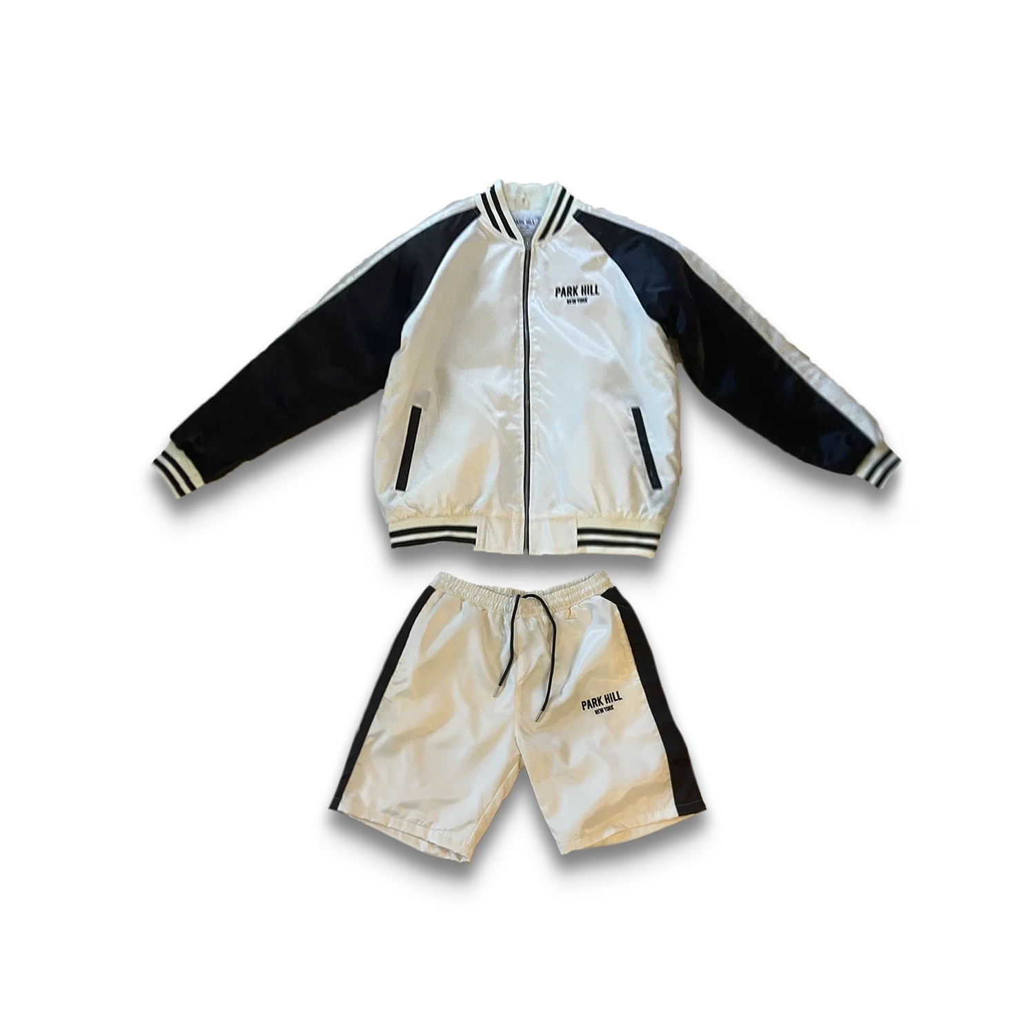 Satin Varsity Jacket and Short Set- Cream